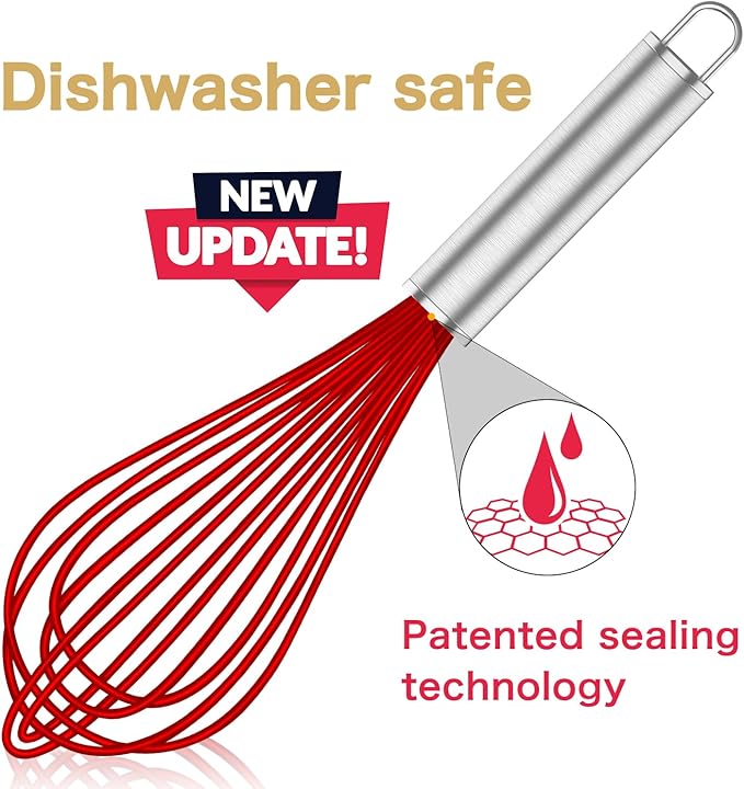 Silicone Rubber Whisk,Premium Whisks For Cooking Non Scratch,Stainless Steel & Silicone Wisk For Nonstick Cookware Pans, High Heat Resistant kitchen Whisks set of 3,Red