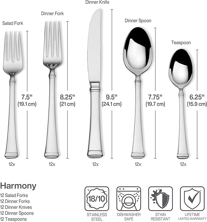 Mikasa Harmony 65-Piece Flatware Set for 12, 18/10 Stainless Steel Silverware with Forks, Knives, Spoons, and Serving Utensils, Elegant Design