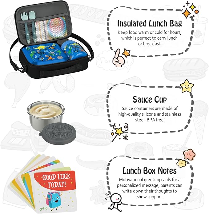 Itslife Bento Lunch Box Set for Kids with 12oz Soup Thermo&Lunch Bag, Leak-Proof Lunch Food Containers for Kids School, 5 Compartment, Sauce Cup, 10 Notes (Blue Dinosaurs)