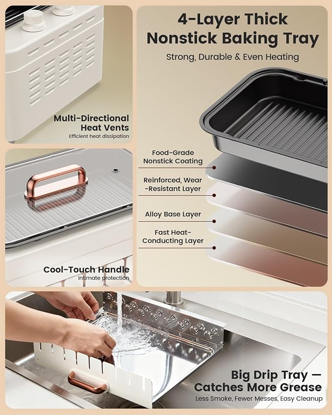 4-in-1 Electric Indoor Grill Smokeless for Home,Countertop Electric Grill with Removable Sizzle Grill Pan & Grate + Auto Rotating Kabob Skewers + Electric Hot Dog Roller Dual Zone Cooking with Lid