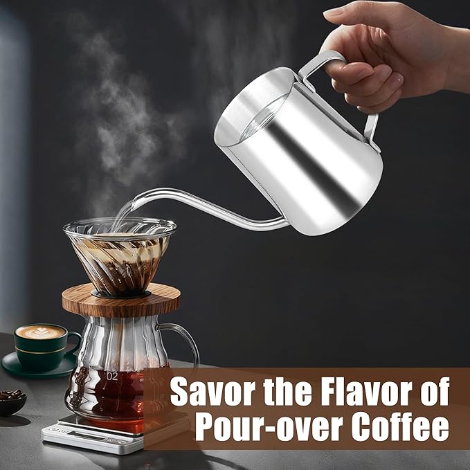 Stainless Steel Gooseneck Spout Kettle for Hand Drip Coffee One Serving Pour Over Kettle for Filter Coffee Long and Narrow Drip Cup for Outdoor Camping (Silver / 350ML / 1Pack)