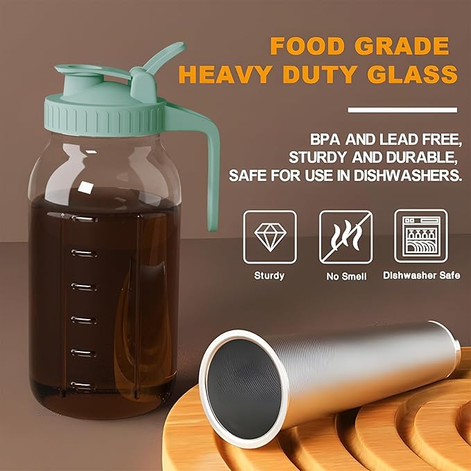 Cold Brew Coffee Maker Jar - 64oz Thick Glass Multipurpose Mason Pitcher Spout Lid with Handle & Stainless Steel Filter for Iced Coffee, Lemonade, Ice Tea, Homemade Fruit Drinks Container