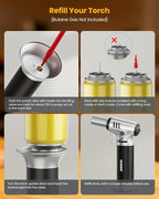 Kollea Butane Torch Lighter, Mini Kitchen Cooking Torch Lighter with Fuel Gauge & Continuous Flame Lock & Nozzle, Culinary Blow Creme Brulee Torch for Baking Food Desserts (Butane Gas Not Included)