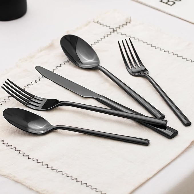 KINGSTONE Black Silverware Set, 20-Piece Forged Flatware Set Cutlery Set Premium Stainless Steel, Service for 4, for Kitchen, Home, Wedding, Party, Mirror Polished and Dishwasher Safe