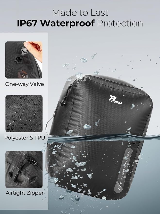 Vacuum Bags for Travel with Wireless Pump, 180° Open Zipper, IP67 Waterproof, Reusable Space Saver Compression Bags for Backpack, Suitcase, Home Storage(3 Pack + Pump)