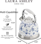 VQ Laura Ashley China Rose 2.5L Stainless Steel Tea Kettle Stovetop Whistling Teapot for Induction, Gas Hob or others. Silicon Coated Cool Handle & Push Button Mechanism Vintage Stove Top Kettle