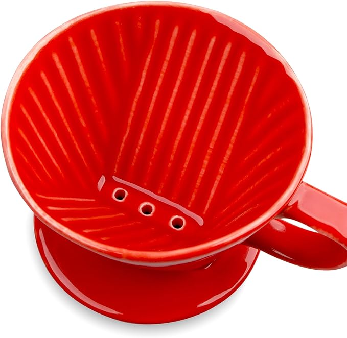 Handmade Pour Over Ceramic Coffee Dripper - Authentic Brewing Experience for Camping, Office, and Home (Red)