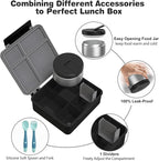 Kids Bento Lunch Box with 8oz Soup Thermo, Water Bottle, Kids Leakproof Lunch Food Containers with 4 Compartment, Insulated Hot Food Jar with Lunch Bag for School, Trvael (Black)