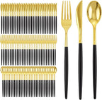 I00000 300Pcs Black Plastic Silverware, Happy New Year Gold Disposable Silverware, Black and Gold Plastic Utensils Include 100 Forks 100 Knives 100 Spoons,Disposable Cutlery for Wedding