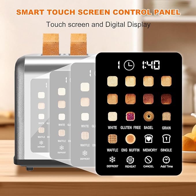 2 Slice Toaster Touch Screen, Stainless Steel Toasters Digital Timer 2 Slot Toasters, 8 Shade Settings 6 Bread Types for Bagel, Cancel, Defrost (Grey)