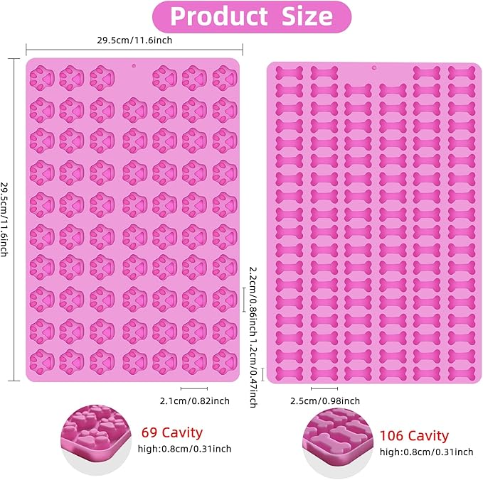 2 PCS Mini Silicone Molds, 106 Cavity Dog Bone + 69 Cavity Paw Mold for Baking Biscuits, Cookies, Candy, Chocolate, Jelly Pet Dog Treats