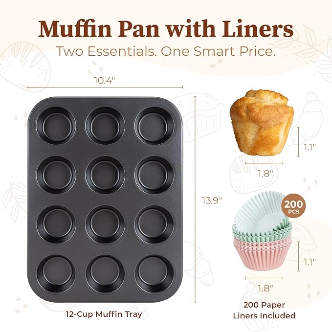 CARTMAN 2 Pack Muffin Pans with 200 Cupcake Liners, Nonstick 12-Cup Muffin Tins, Carbon Steel Cupcake Pans for Baking Muffins, Egg Bites, Brownies & More