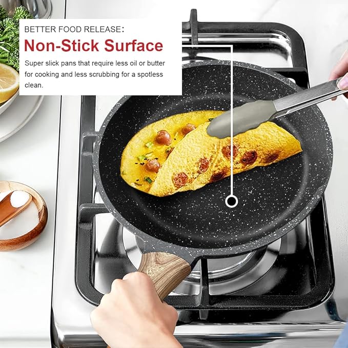 Caannasweis Nonstick Granite Frying Pan Skillet, Non Stick Omelette Fry Pans, Omelet Egg Pan, Stone Cookware Chef's Pan, Induction Compatible, PFOA Free (Gray, 3 Pcs)