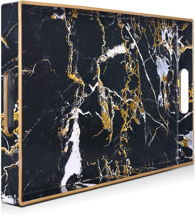 Gifturbo Black Serving Tray,Marble Decorative Serving Trays with Handles, Coffee Table Tray Ottoman Rectangular Plastic Trays with Gold Rim for Living Room, Bathroom，15.7 x 10.2 x1.37 inches