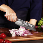 KEEMAKE Damascus Chef Knife 8 inch - Kiritsuke knife with Hammered Damascus Steel Blade Kitchen Knives, Pakkawood Handle Chopping Knife for Meat Cutting, w/Walnut Sheath
