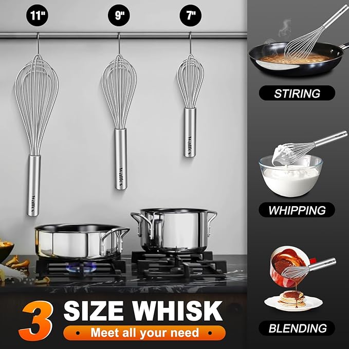 Walfos Whisk,304 Stainless Steel whisk,No-Rust 7+9+11inch Whisks for cooking Nice for Blending,Whisking,Beating.Heat resistant 600°F Dishwasher Safe. Heavy duty kitchen whisk.17.7+22.8+27.9cm -SILVER