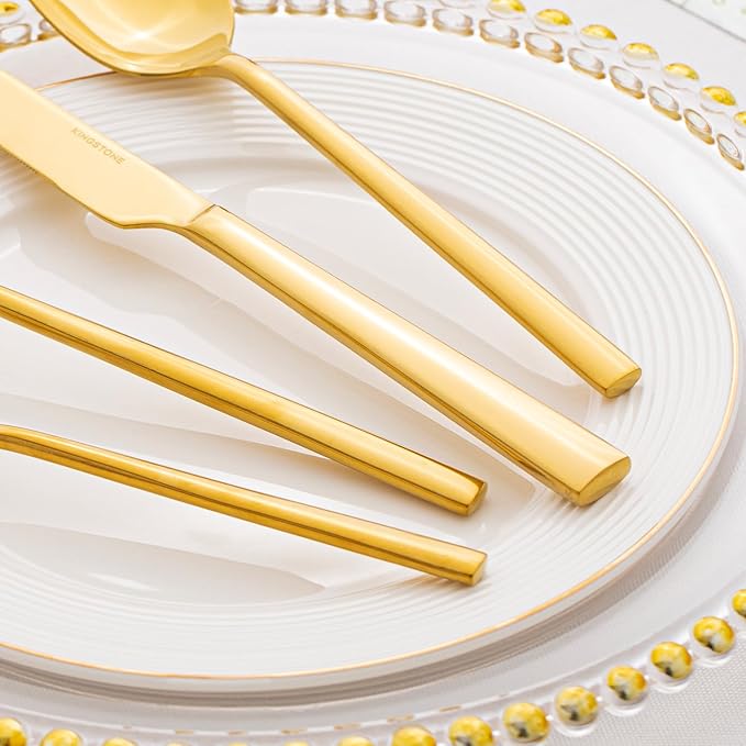 KINGSTONE Gold Silverware Set, 60-Piece Forged Flatware Set Cutlery Set Premium Stainless Steel, Service for 12, for Kitchen, Home, Wedding, Party, Mirror Polished and Dishwasher Safe