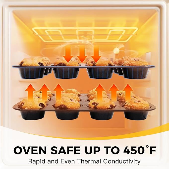 HONGBAKE Muffin Pan for Baking, Nonstick Cupcake Tin 12 Cup, 2 Pack Cup Cake Tray, Premium Cheesecake Pans, Dishwasher Safe - Dark Grey