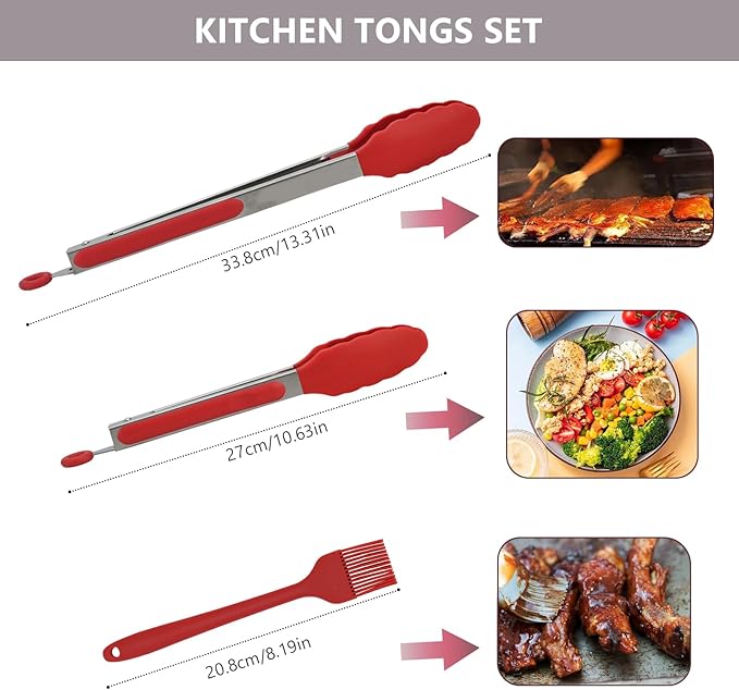 Kitchen Tongs, 2pcs Barbecue Tongs 10 inch & 12 inch with Silicone Tips, 1pc Brush Stainless Steel Cooking Tongs with Heat Resistant Handle for BBQ Serving, Grilling, Buffet, Dishwasher Safe (Red)