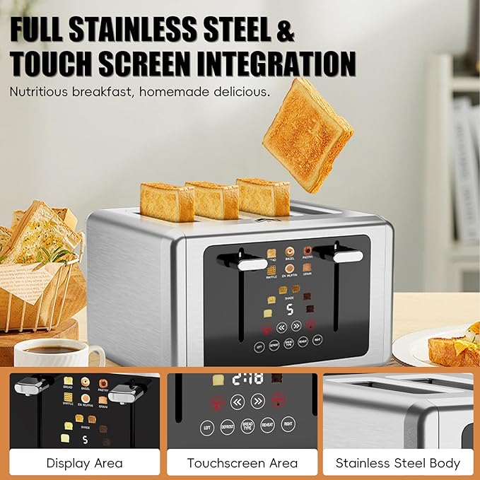 Touch screen Toaster 4 slice,Stainless Steel Digital Timer Toasters with Sound/Screen-Off Function,6 Bread Types & Shade Settings,Smart Extra Wide Slots Toaster with Bagel,Defrost,Silver