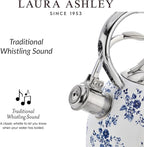VQ Laura Ashley China Rose 2.5L Stainless Steel Tea Kettle Stovetop Whistling Teapot for Induction, Gas Hob or others. Silicon Coated Cool Handle & Push Button Mechanism Vintage Stove Top Kettle