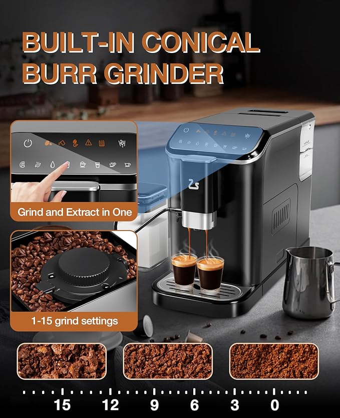 IDEALHOUSE Fully Automatic Espresso Machine with Built-In Grinder and Milk Frother, Touchscreen Control, 20 Bar Pressure, 1.5L Detachable Water Tank, One-Touch Latte & Cappuccino Maker, Black