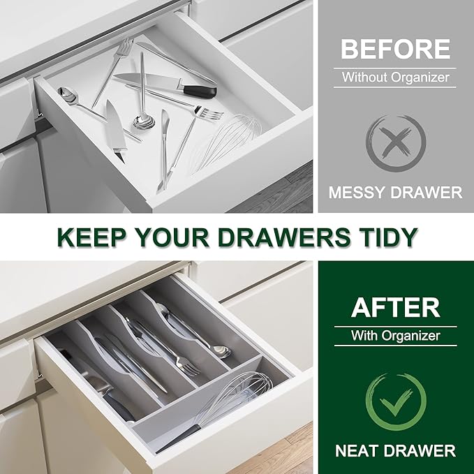 Bellsal Grey Utensil Organizer 10 Inch Silverware Tray for Drawer Utensil Holder Cutlery Organizer Kitchen Drawer Organizer 5 Compartment Small Narrow Bamboo