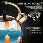 SUSTEAS Stove Top Whistling Tea Kettle - Food Grade Stainless Steel Teakettle Teapot with Cool Touch Ergonomic Handle, With 1 Silicone Pinch Mitt Included, 2.64 Quart(BLACK)