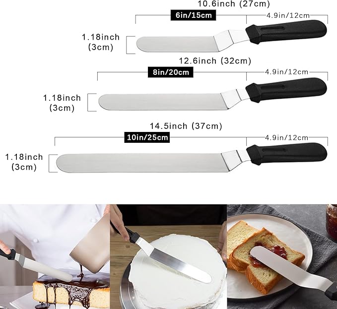 Icing Spatula, Cake Spatula, Frosting Spatula Set - 6", 8", 10" Stainless Steel Offset Spatulas with Non-Slip Handle & 3 Cake Scrapers, Angled Baking Decorating Tools