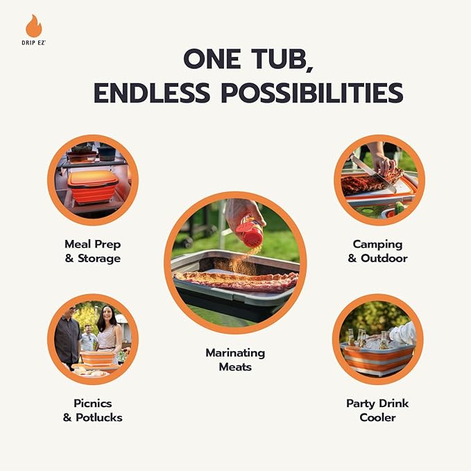 Drip EZ Collapsible BBQ Prep Tubs 3-Piece Set- For Meal Prep Marinating Food Storage - Includes Cutting Board & Lid - (1) JR - Orange + (1) OG - Orange + (1) XL - Black