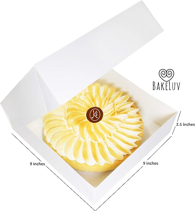 BAKELUV 9x9x2.5 White Pie Boxes with Window, 100 Pack Food Grade Cardboard Bakery Boxes