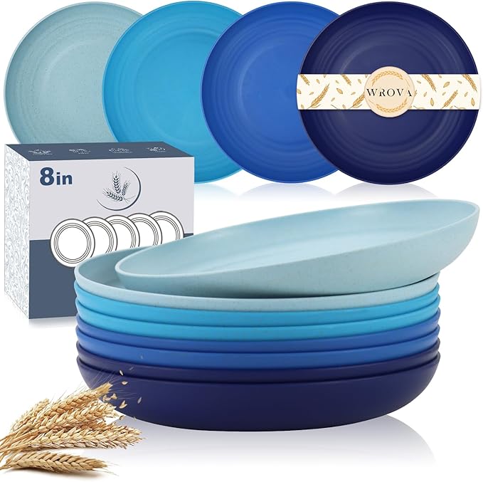 Wheat Straw Plates - 8 Inch Unbreakable Dinner Plates Set of 8 - Dishwasher & Microwave Safe Plastic Plates Reusable - Lightweight Kids Plates for kitchen,R.V. (Ocean)