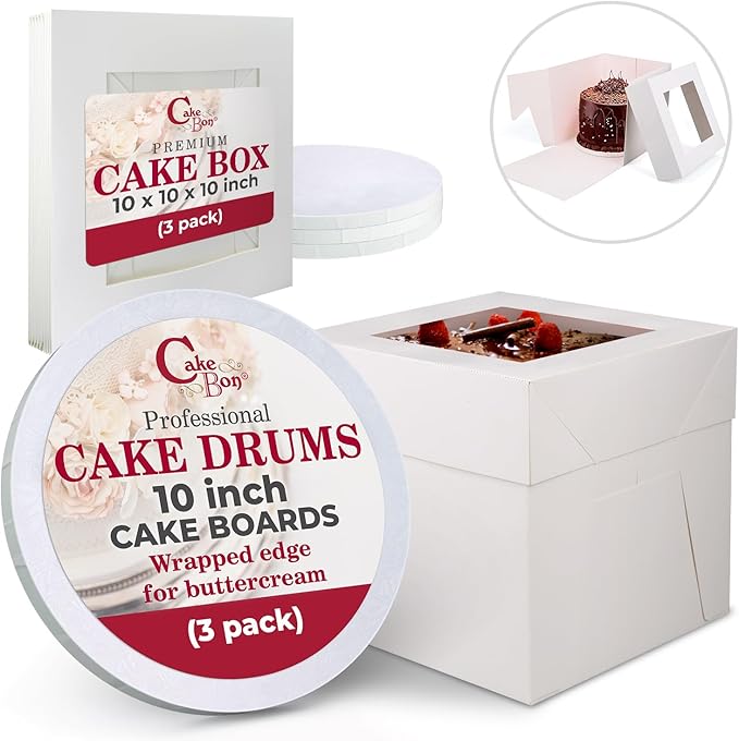 Cakebon Cake Boxes with Boards - 10 Inch Round Cake Drum White (3-pack) - Box With Window for Birthdays, Weddings and Parties