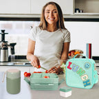 Girl Lunch Bag with 6 Compartment Bento Box with 10oz Thermo- Preppy Green Nylon Insulated Lunch Box Adjustable Strap, Birthday Gift For Girl Kids Teens Travel Picnic School