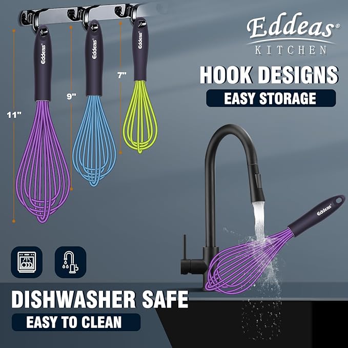 Silicone Whisk, 500°F Heat Resistant Non Scratch Coated Whisks for Cooking Baking Balloon wisk, Kitchen Whisk Tool Set, for Stirring, Beating & Blending of 3 Size 7.5"+ 9" +11 inch