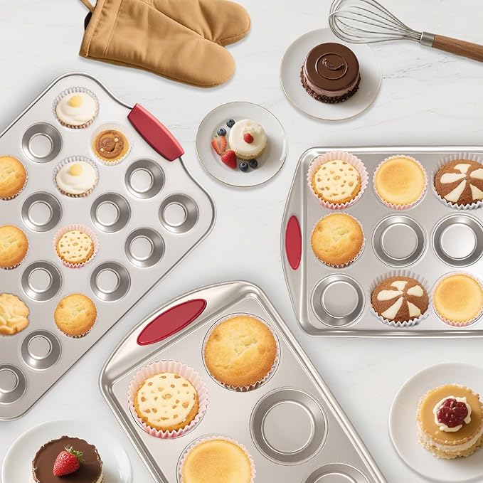 Mini Muffin Pan, 24 Tin Cupcake Pan, Nonstick Small Muffin Tray with Silicone Grip Handles, Durable Mini Cheesecake Cup Cake Pans for Baking, 2-PACK,Gold