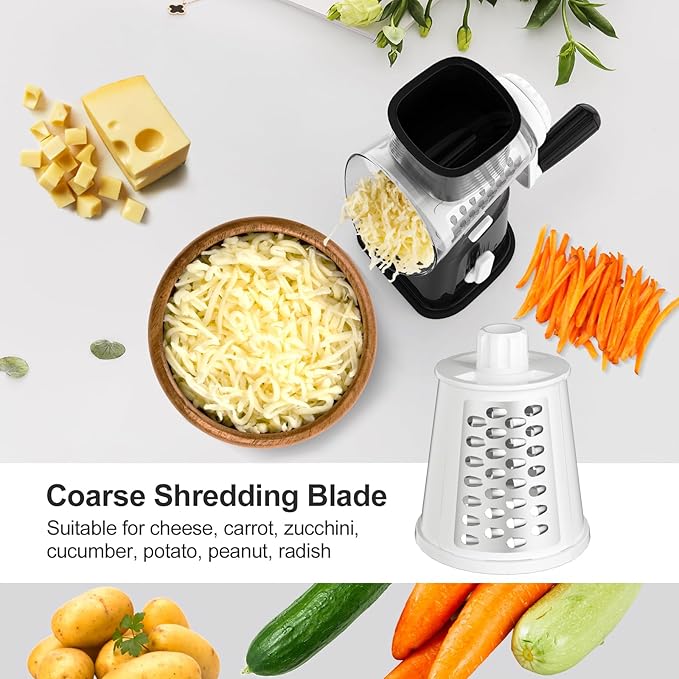 Ourokhome Cheese Grater Hank Crank Cheese Shredder, Mandoline Vegetable Slicer with 5 Interchangeable Blades and Strong Suction Base for Fruit, Vegetables, Nuts Black