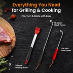 Stainless Steel Food Flipper Set - 16.9" & 11.4" Turners with Silicone Basting Brush for Cooking & Grilling - 3 Piece Kitchen Tools - Ideal for Basting Brush Cooking, BBQ Sauce, Marinades
