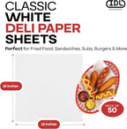 White Deli Paper Sheets, 12" x 12" (50 pcs.) - USA-Made Premium Food Basket Liners - PFAS-Free Grease Resistant Deli Paper Sheets for Food, Snack & Baking Wrap, Picnic & Party by IDL Packaging