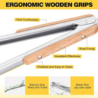 Premium Metal Kitchen Tongs for Cooking - Heat Resistant 1100°F Stainless Steel Tongs with Comfortable Wooden Grips - Perfect for Grill, Salad, Toaster, Cooking, and Serving Food (12-inch)