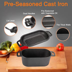 2-in-1 Pre-Seasoned Cast Iron Dutch Oven Pot with Lid as Skillet, Grill Pan, with Lid Lever, Dual Loop Handles, Oval Heavy Dutch Oven for Bread Baking, Frying, Camping, BBQ, 3.8 QT Black