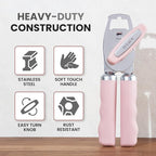 Zulay Kitchen Heavy Duty Stainless Steel Can Opener Manual with Bottle Opener - Rust Proof Manual Can Opener With Turn Knob & Comfy Soft Grip Handles - Light Pink