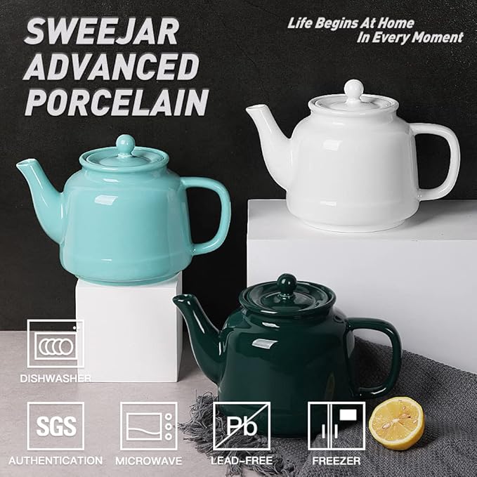 Sweejar 35 oz Porcelain Tea Pot, Teapot with Removable 18/8 Stainless Steel Infuser, Microwave & Dishwasher Safe Tea Maker, Tea Infuser Pots for Blooming loose Leaf Tea,Chrismas Women Gift(White)