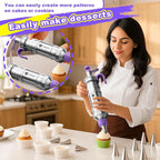 Dessert Decorating Syringe Set icing piping kit Stainless Steel frosting piping kit with 31 professional piping tips 50 disposable piping bags 1 silicone spatula 1 set of soft cake scrapers, Purple