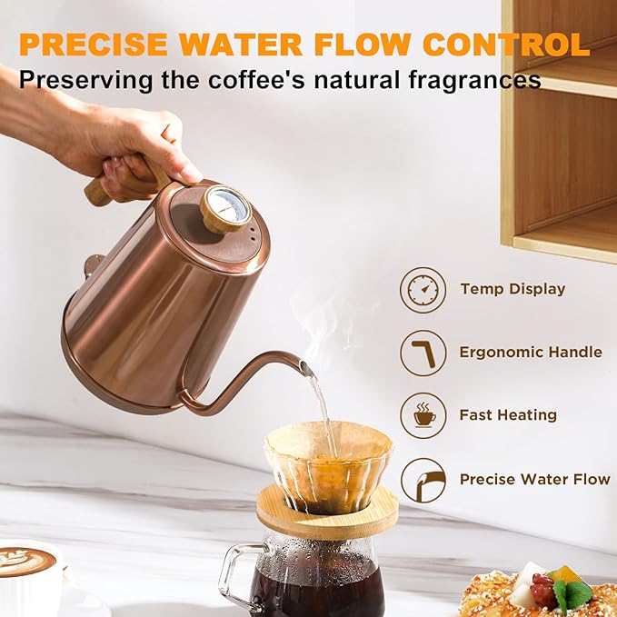Nueve&Five Gooseneck Electric Kettle with Thermometer, Copper Tea Kettle with Auto Shut-Off,1000W Hot Water Kettle Electric of Stainless Steel,Electric Kettles for,Coffee & Tea