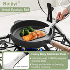 Beijiyi Stainless Steel Spatula Set, 2 Pcs Small Metal Spatula for Cast Iron Skillet, Solid and Slotted Turner Spatulas for Kitchen Use with Silicone Handle, Cooking Utensils for Eggs, Burger, Steak