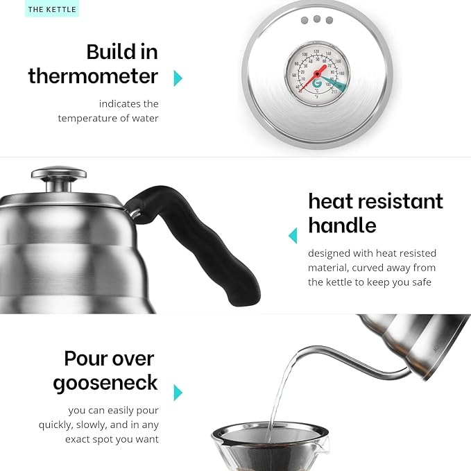 MITBAK Pour Over Coffee Maker Set | Kit Includes 40 OZ Gooseneck Kettle with Thermometer, Coffee Mill Grinder & 20 OZ Coffee Dripper Brewer | Great Replacement for Coffee Machines