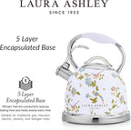 VQ Laura Ashley Elveden White 2.5L Stainless Steel Tea Kettle Stovetop Whistling Teapot for Induction, Gas Hob or others. Silicon Coated Cool Handle & Push Button Mechanism Vintage Stove Top Kettle