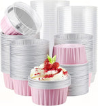 EUSOAR Disposable Ramekins with Lids, 200pcs 5oz Aluminum Foil Cupcake Liners Ramekins Cups for Baking, Dessert Cups Aluminum Cheesecake Pan Creme Brulee Baking Cups for Oven-Pink