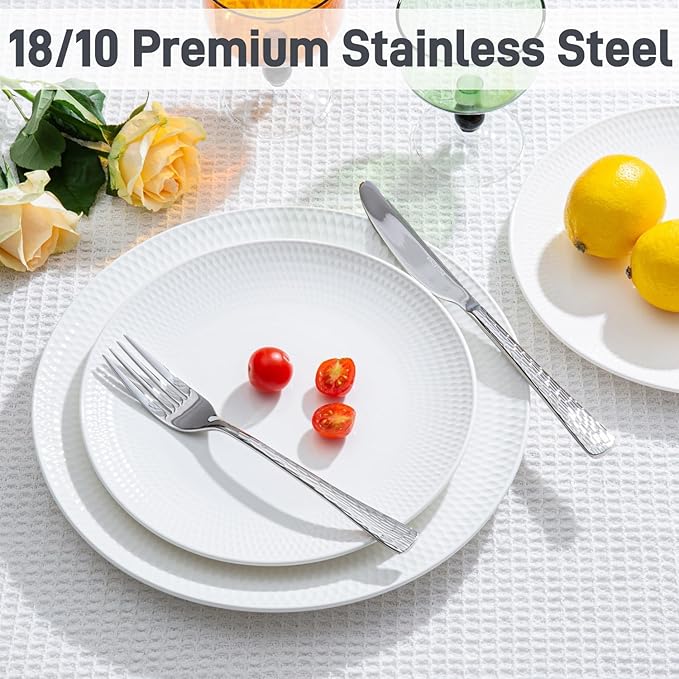 KINGSTONE Hammered Silverware Set, Flatware Set, 18/10 Stainless Steel Premium Cutlery with Unique Ripple Handles Design Mirror Polished - Dishwasher Safe (30-Piece)